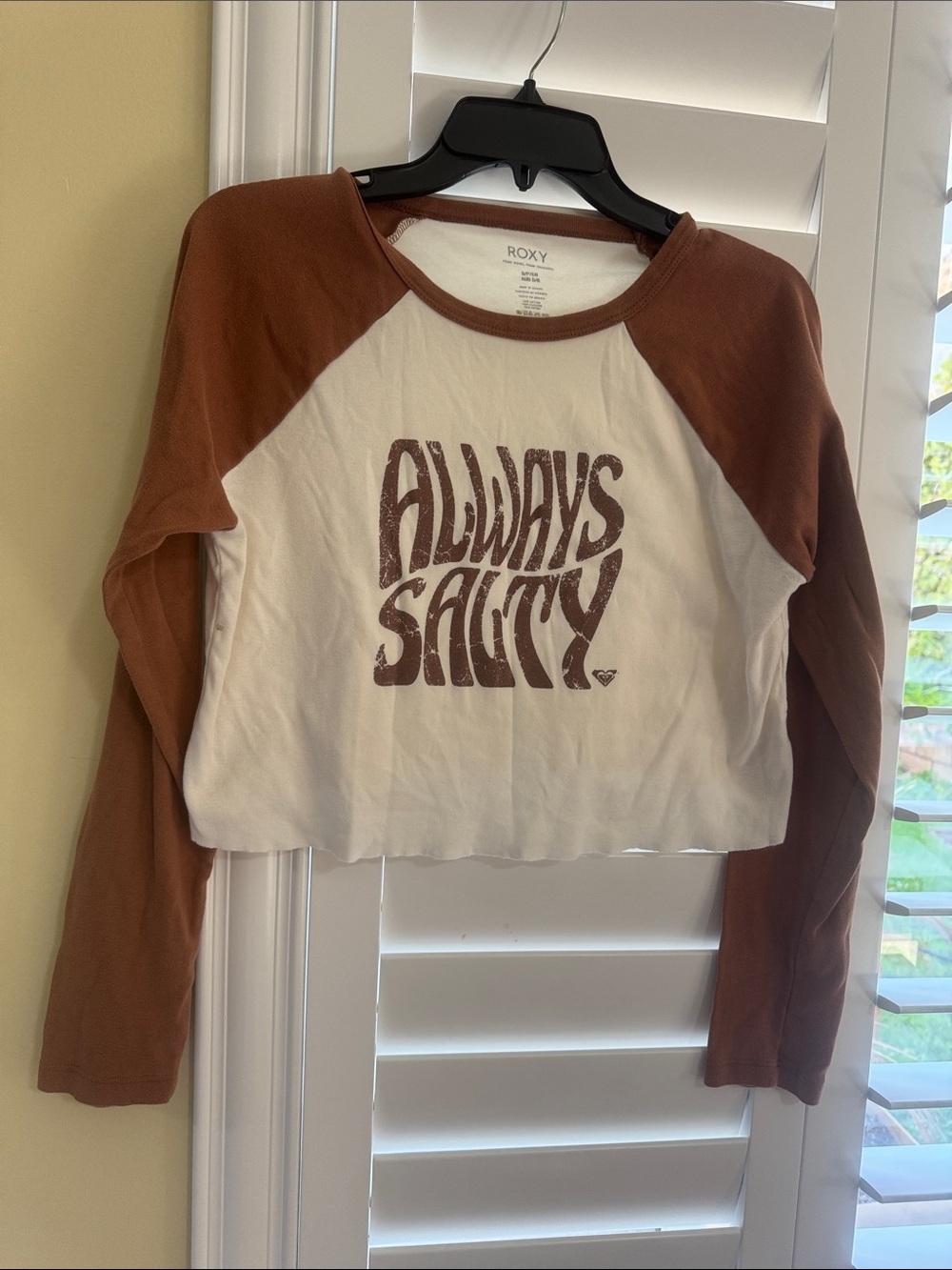 Roxy Long-Sleeve Raglan Crop Top in White & Brown